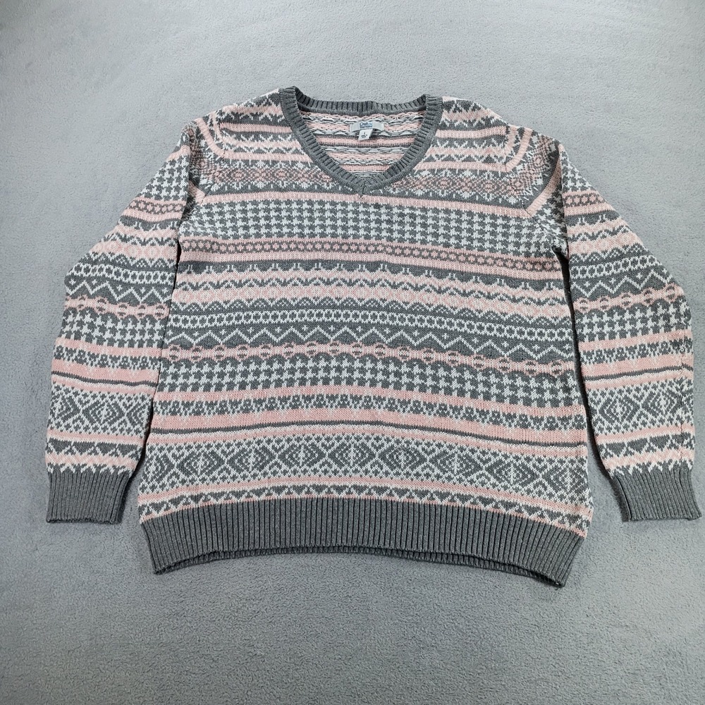 Croft & Barrow Women Sweater Pink Grey Large Fair Isle V-Neck Knit